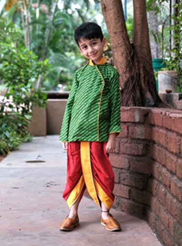 Kids Handloom Leheriya Kurta and Veshti Dhoti Set - Prathaa - weaving traditions