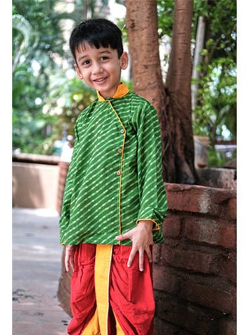 Kids Green Leheriya Hand Block Kurta - Prathaa - weaving traditions