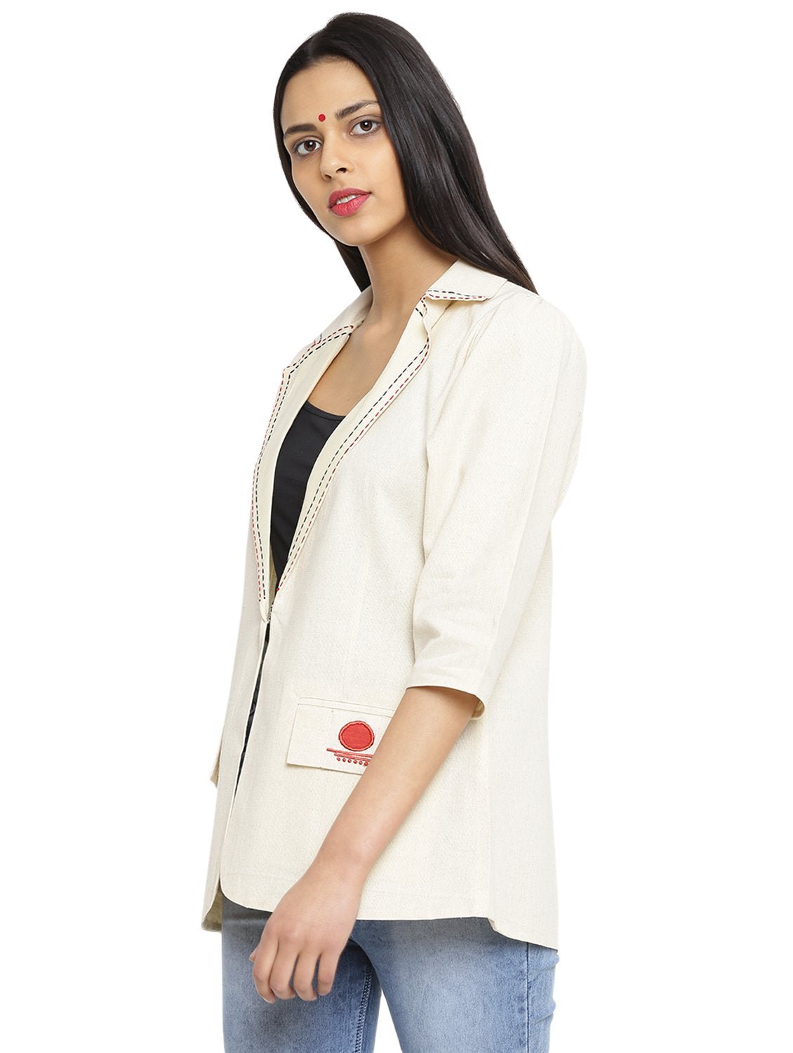 Off white Formal Handloom Blazer With Kantha Stitch - Prathaa - weaving traditions