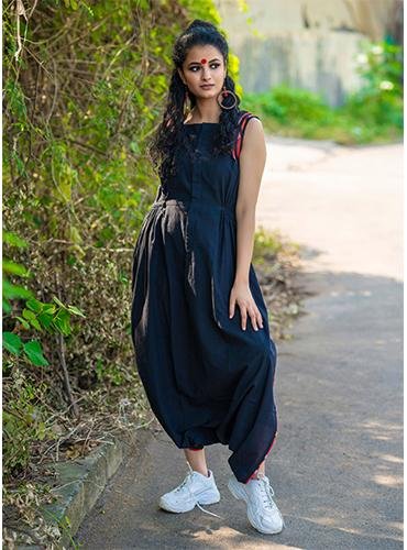 Black Handloom Jumpsuit with Gamcha detailing - Prathaa - weaving traditions