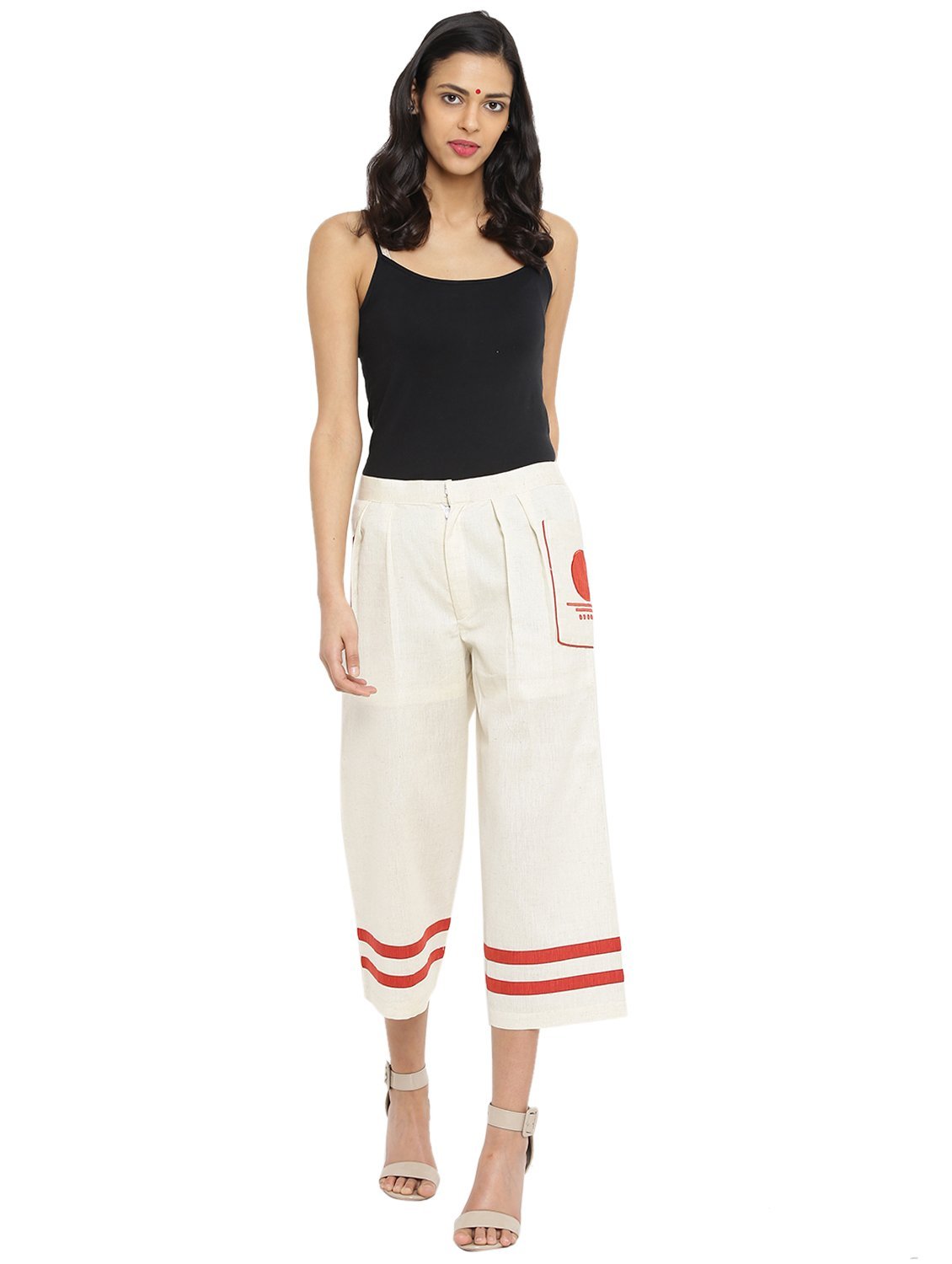 Off White Handloom Culottes With  Bindi Patch Pocket - Prathaa - weaving traditions