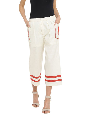 Off White Handloom Culottes With  Bindi Patch Pocket - Prathaa - weaving traditions
