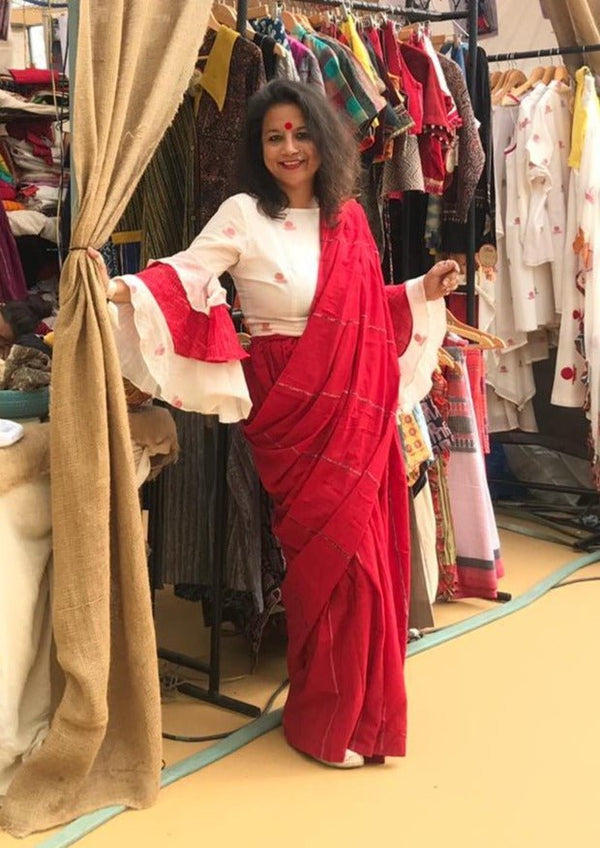 White Jamdani Three Tier Flare Sleeve Blouse from Prathaa