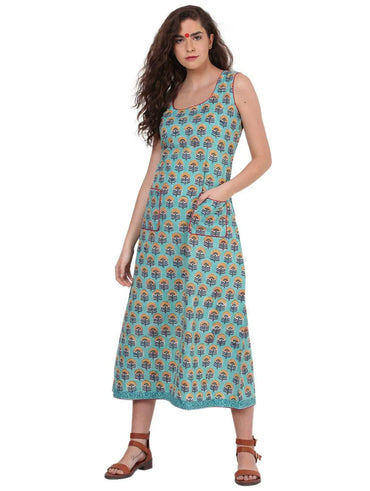 Bagru Block Print Turquoise Dress Dress Prathaa Weaving Traditions 