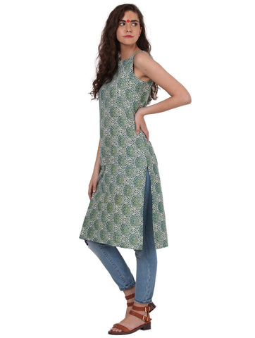 Tunic - Printed Green Handloom Cotton Tunic - Prathaa