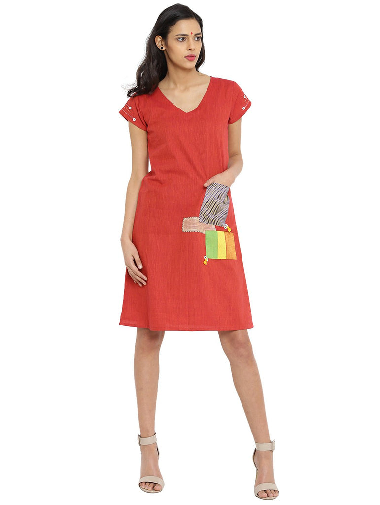 Dress - Red handspun handwoven Dress With Patch Details And Pocket - Prathaa