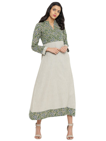 Dress - Green And Beige Batik Print handspun handwoven Dress - Prathaa