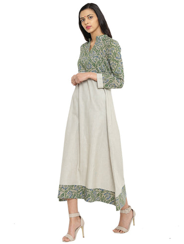 Dress - Green And Beige Batik Print handspun handwoven Dress - Prathaa