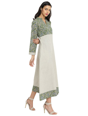 Dress - Green And Beige Batik Print Khadi Dress - Prathaa