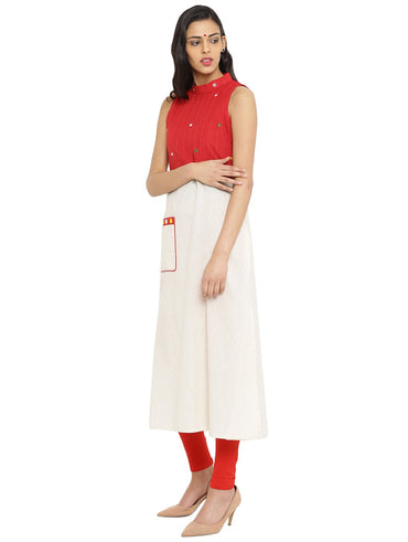 Tunic - Off White And Red Hand loom Cotton Tunic - Prathaa