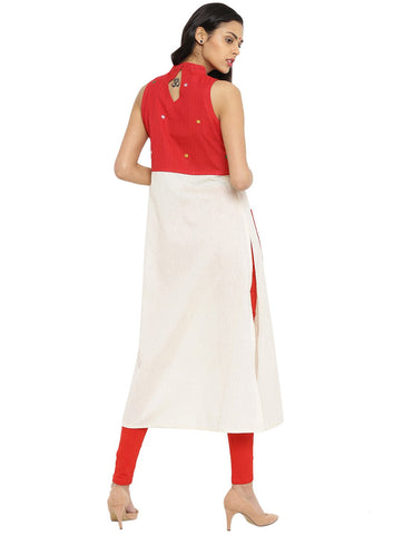 Tunic - Off White And Red Hand loom Cotton Tunic - Prathaa