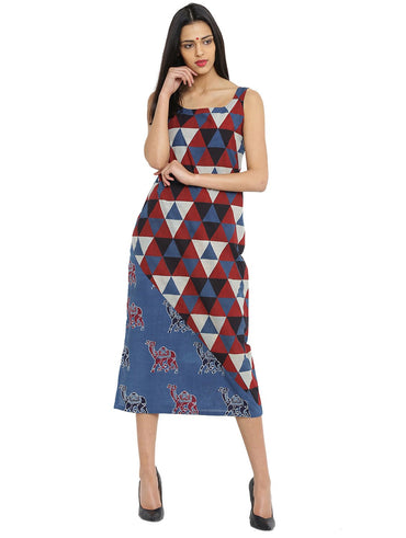 Dress - Multi colour Ajrak Hand Block Printed Handloom Dress - Prathaa