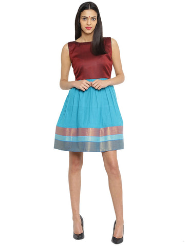 Dress - Turquoise Ilkal And Khun Knee Length Dress - Prathaa