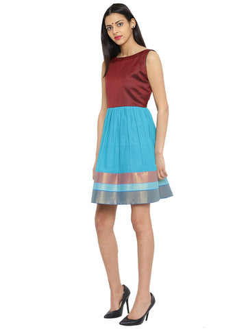 Dress - Turquoise Ilkal And Khun Knee Length Dress - Prathaa