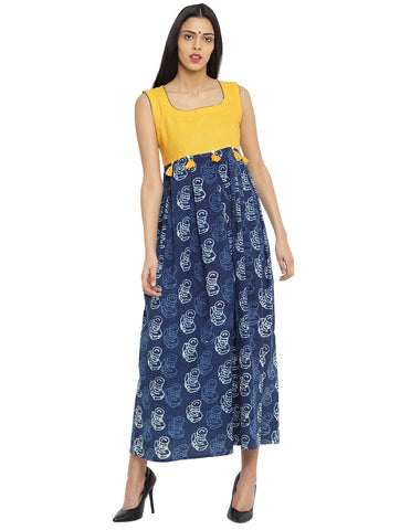 Dress - Printed Indigo Handloom Cotton Dress With Yellow handspun handwoven Yoke - Prathaa