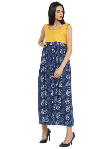 Dress - Printed Indigo Handloom Cotton Dress With Yellow handspun handwoven Yoke - Prathaa