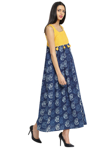 Dress - Printed Indigo Handloom Cotton Dress With Yellow Khadi Yoke - Prathaa