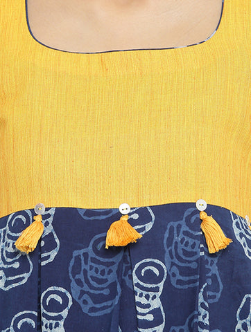 Dress - Printed Indigo Handloom Cotton Dress With Yellow handspun handwoven Yoke - Prathaa