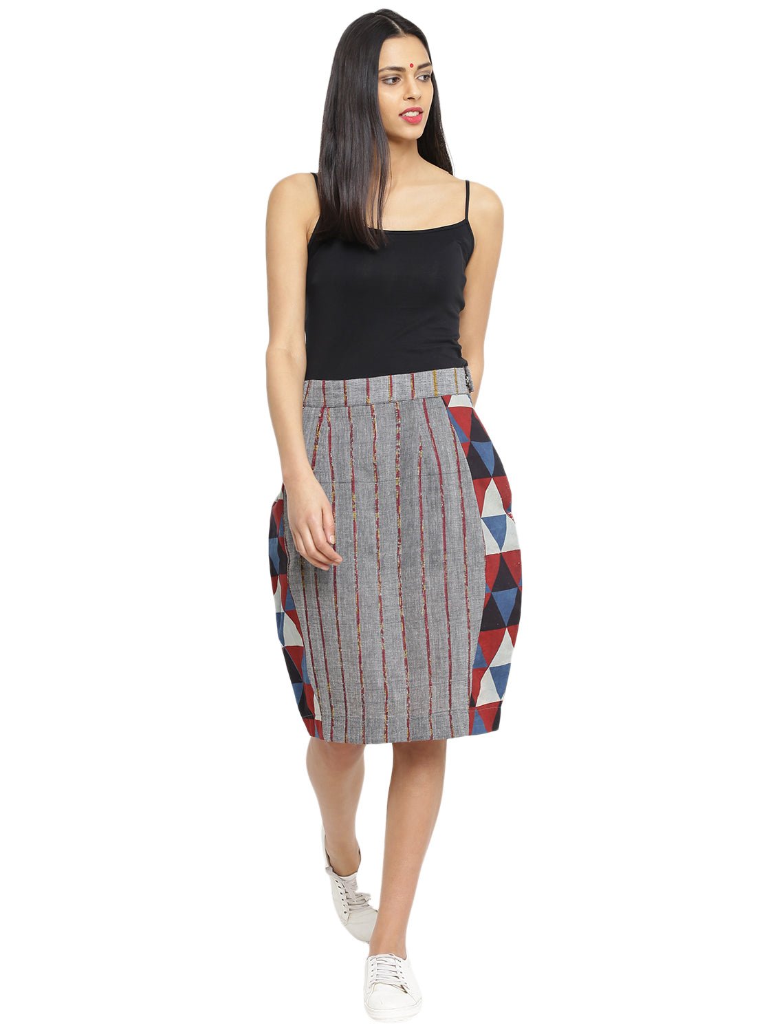 Bottom - Grey Printed Khesh Pencil Skirt - Prathaa