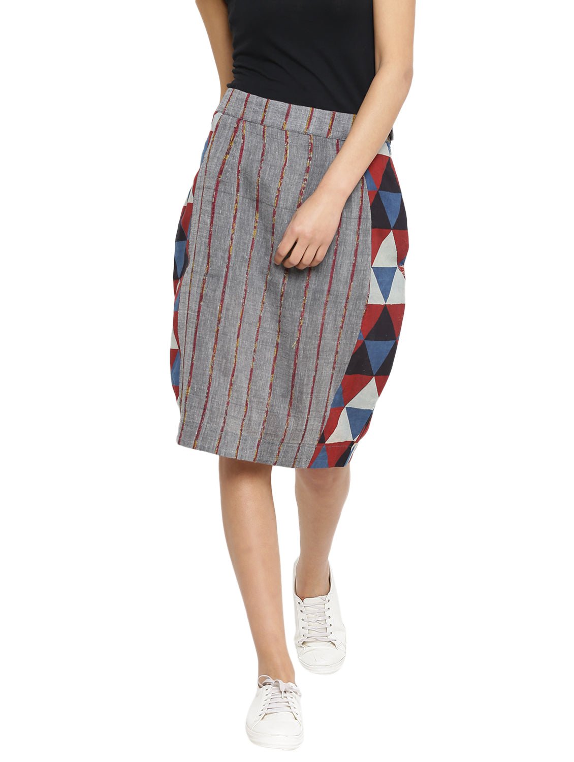 Bottom - Grey Printed Khesh Pencil Skirt - Prathaa