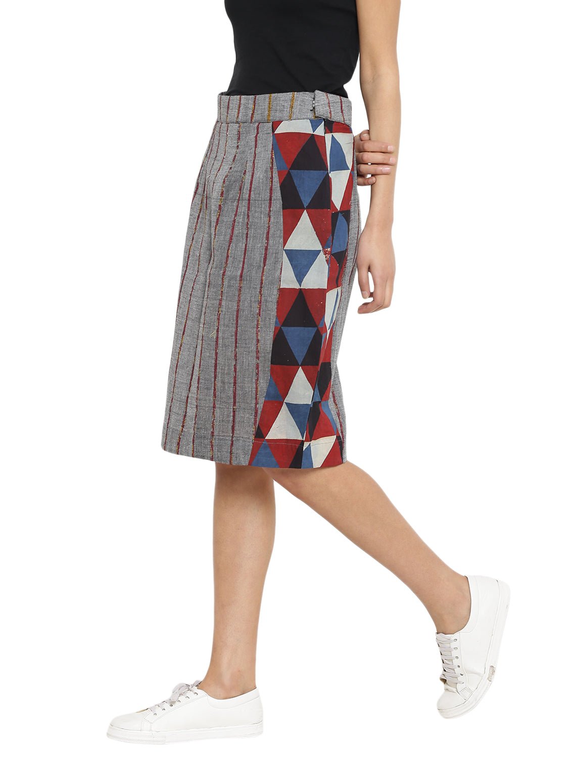 Bottom - Grey Printed Khesh Pencil Skirt - Prathaa