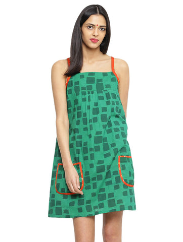 Dress - Printed Green Handloom Cotton Short Dress - Prathaa