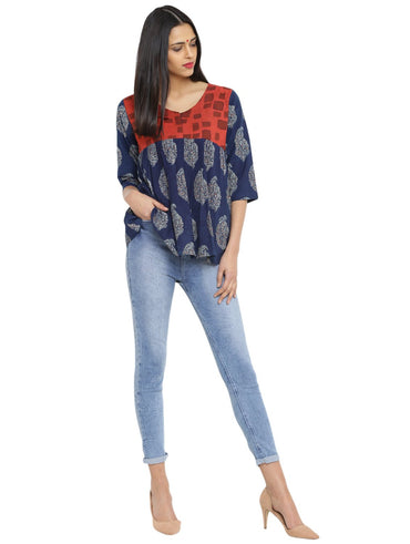 Top - Printed Blue And Red Handloom Cotton Flare Top - Prathaa