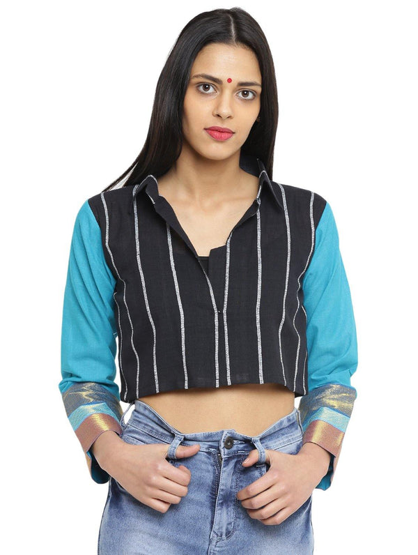 Jacket - Black And Turquoise  Khesh Jacket With Ilkal Sleeves - Prathaa