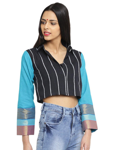 Jacket - Black And Turquoise  Khesh Jacket With Ilkal Sleeves - Prathaa
