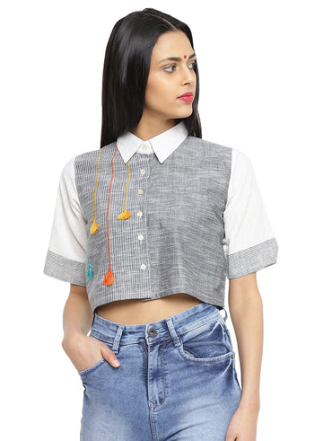 Top - Stripes and Tassels Crop Shirt - Prathaa