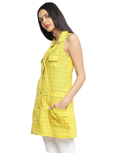 Top - Printed Yellow Handloom Cotton Long Shirt Top - Prathaa