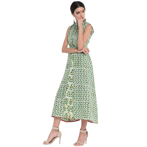 Dress - Leaf blockprint A-line dress with floral panel - Prathaa