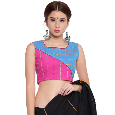 Blouse - Pink and blue khesh contemporary blouse with red piping - Prathaa