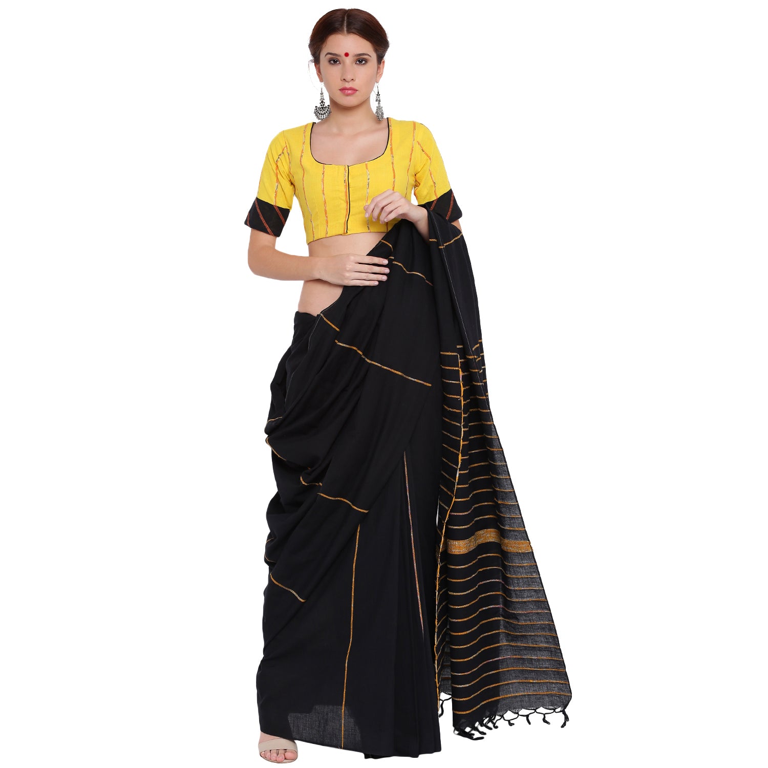 Blouse - Yellow khesh blouse with black khesh sleeves border - Prathaa