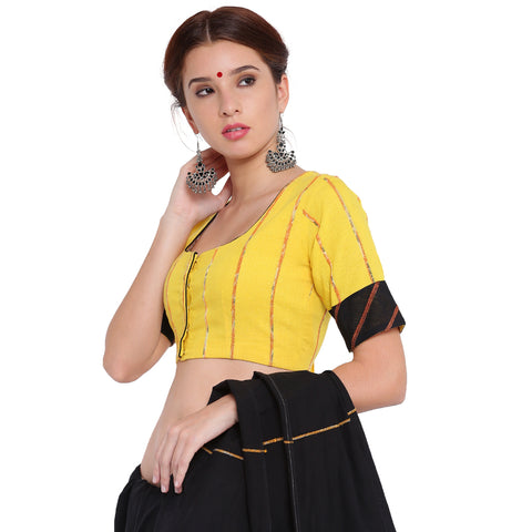Blouse - Yellow khesh blouse with black khesh sleeves border - Prathaa