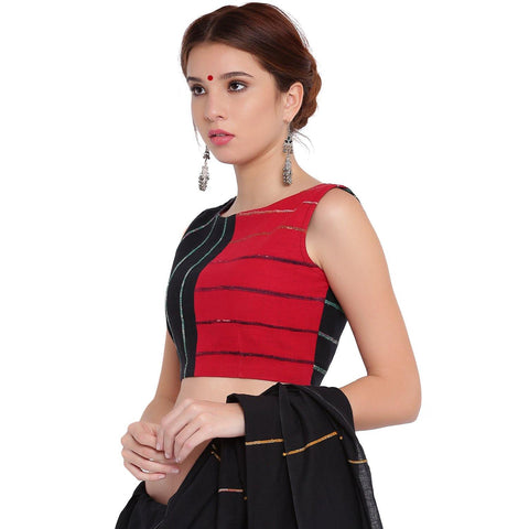 Blouse - Black and red panel sleeveless blouse - Prathaa