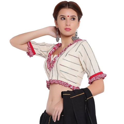 Blouse - Bengali traditional blouse in white khesh with gamcha frills. - Prathaa | durga puja dressing style