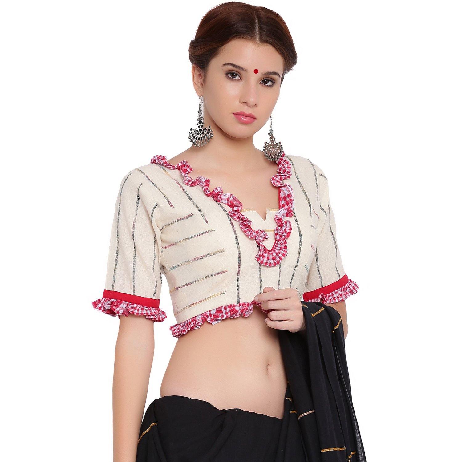 Blouse - Bengali traditional blouse in white khesh with gamcha frills. - Prathaa | Handloom tops and Blouses