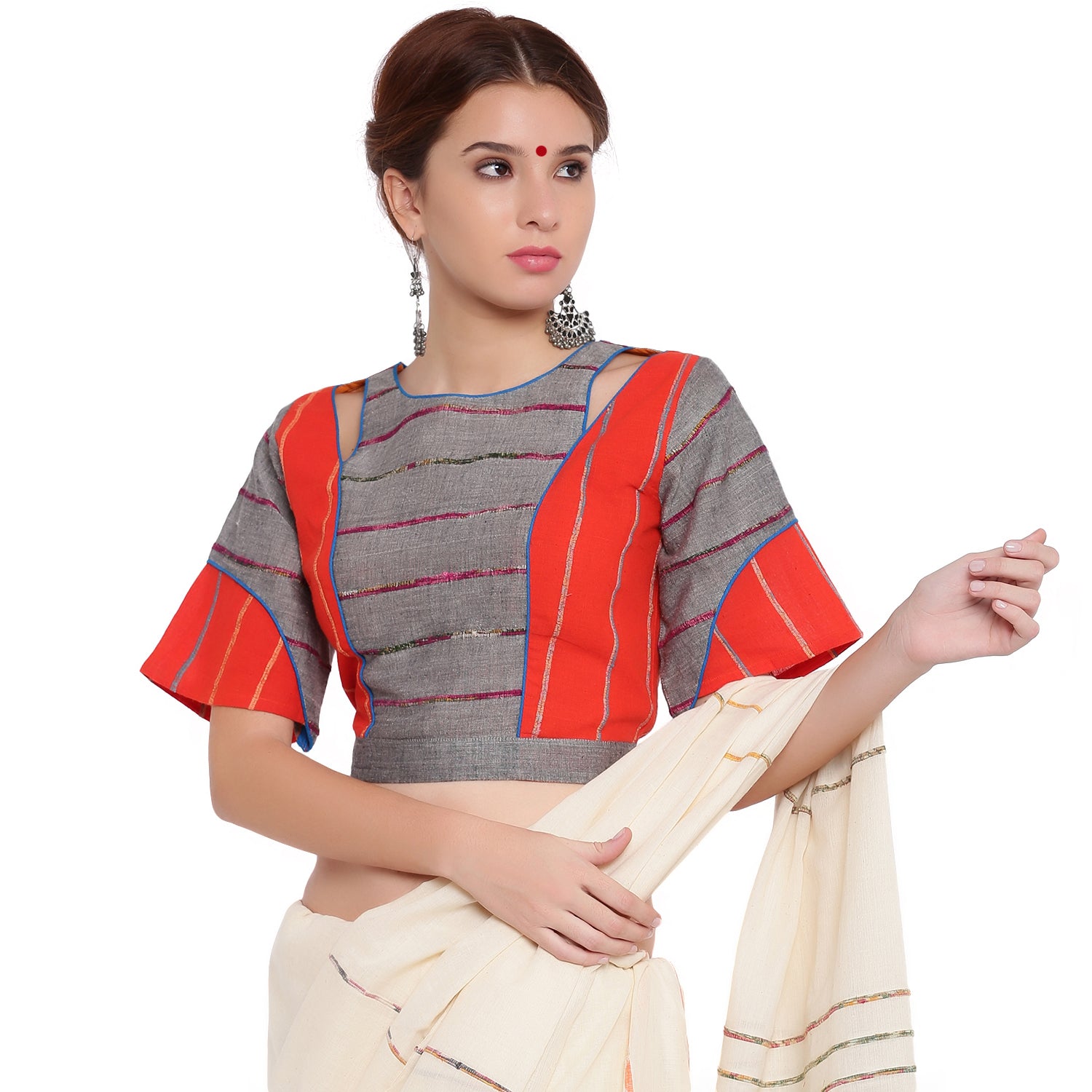 Blouse - Grey and orange khesh box sleeve blouse - Prathaa