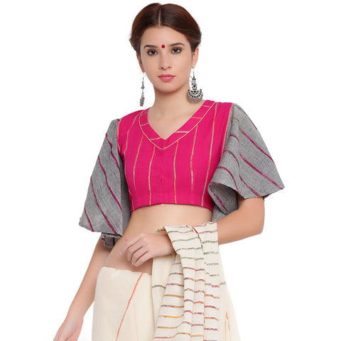Blouse - Pink khesh blouse with grey khesh umbrella sleeves - Prathaa