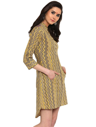 Dress - Mustard Handloom Cotton Shirt Dress - Prathaa