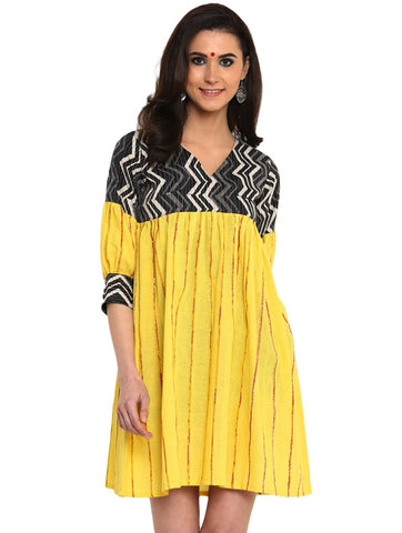 Dress - Yellow Khesh Dress With Kantha Yoke - Prathaa