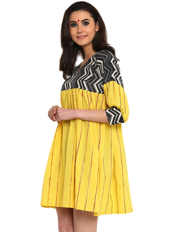Dress - Yellow Khesh Dress With Kantha Yoke - Prathaa