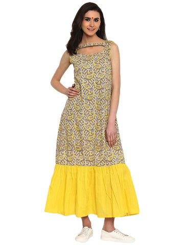 Dress - Grey and Yellow Handloom Cotton Maxi Dress - Prathaa