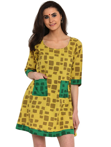 Dress - Printed Olive Green Handloom Cotton Dress - Prathaa