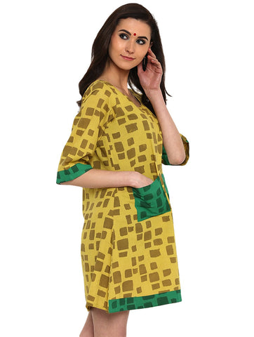 Dress - Printed Olive Green Handloom Cotton Dress - Prathaa