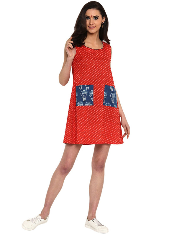 Dress - Printed Red Handloom Cotton Dress - Prathaa