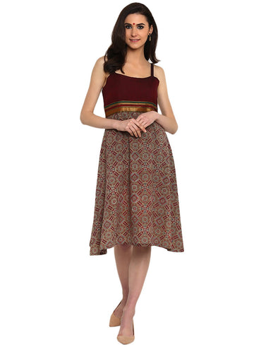 Dress - Maroon Printed Ilkal & Handloom Cotton Spaghetti Dress - Prathaa