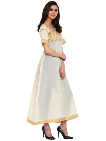 Dress - White Kerala Weave Cotton Maxi Dress - Prathaa