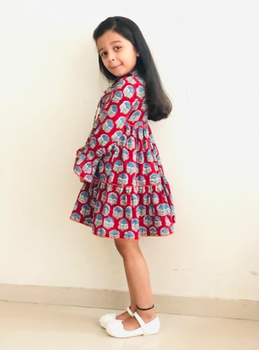 Kids Maroon Bagru Hand Block Layered Dress - Prathaa - weaving traditions